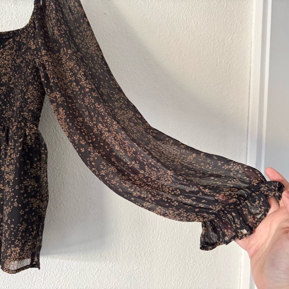 Mittoshop Floral Smocked Long Sleeve Black Tan Top Large Boho Cottagecore - Picture 7 of 16